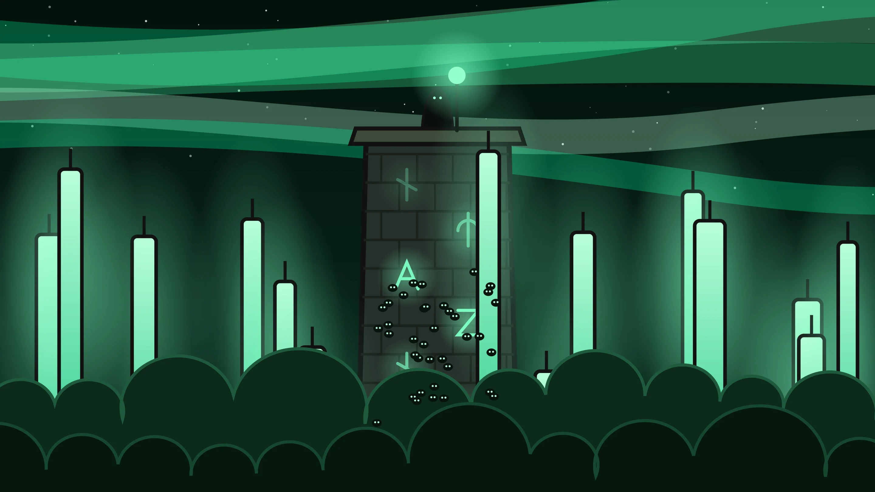 A hooded figure lighting green fire over the wall as candles rise